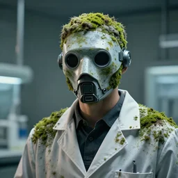 a photo of a man wearing a futuristic mask and a lab coat, lab covered in mold and moss, photorealistic, octane render, volumetric lighting,