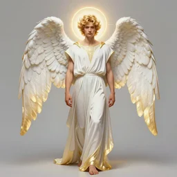 fullbody symmetrical portrait of a beautiful young fit male angel with curly blond hairs, full dressed in long fluent clothes, majestic big dove wings, luminous halo, by greg rutkowski and alphonse mucha, gradient white to gold, in front of an iridescent background, highly detailed portrait, digital painting, artstation, concept art, smooth, sharp focus illustration