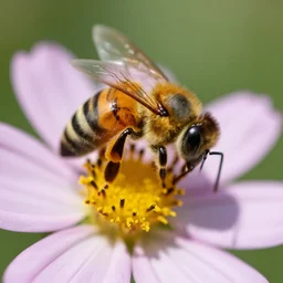 a bee standing on a flower extracting nectar, seen with a macro lens, well detailed
