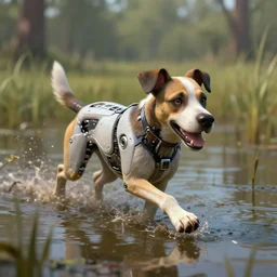 a cyborg dog running though a murky swamp, in the style of craola, shallow depth of field, highly detailed, digital painting, trending artstation, concept art, illustration, cinematic lighting, vibrant colors, photorealism, epic, octane render