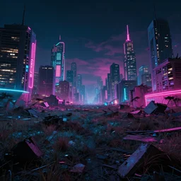 new wave, vintage, cyberpunk, distopia, neon lights, broken city, fields