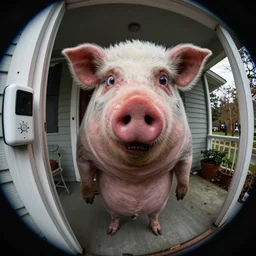 doorbell camera footage of a creepy fat pigman with big watery eyes and nasty teeth standing on the porch, staring into the camera, fisheye lens, 4 k photograph