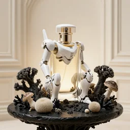 perfume bottle surrounded sitting on a biomechanical black corals table made of corals, mushrooms, puffballs, rhizomorphs in an ivory room well contoured smooth fair walls, up close shot, sharp focus, global illumination, radiant light, alexandre ferra white mecha, irakli nadar, octane highly render, 4 k, ultra hd,