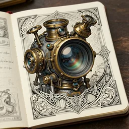 extremely detailed illustration wimmelbilder high tech steampunk lens! eerie stylized digital notebook doodles drawings musings art deco with art deco filigree!! scrollwork 8 k render
