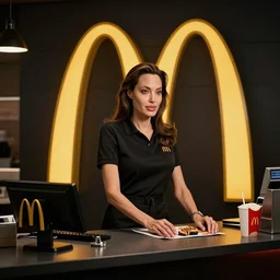 Angelina Jolie working as a McDonalds cashier, macro, wide shot, dramatic, octane render, hyperrealistic, HD