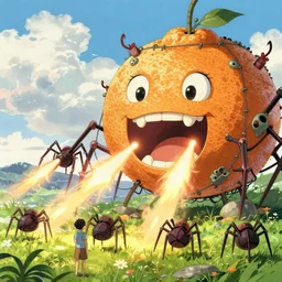 memorable animation key shot, spider tanks firing at colossal screaming citrus golem covered in fishing wire, hooks and barnacles, by mandy jurgens, by satoshi kon, shinji kimura, daylight pastel color palette