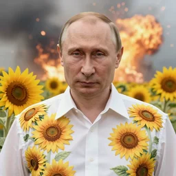 photo portrait of Vladimir Putin - sunflowers -  dressed in leisure shirt with ornamental  ethereal  sunflower pattern, natural skin tone, highly detailed  realistic flowers ornament on the shirt, raging war and explosions in the background, eyebrows are intricate and highly detailed, elegant, Realistic, Refined, Highly Detailed, natural soft pastel lighting colors scheme, fine art photography by Cecil Beaton, volumetric lighting, hyper realistic photography