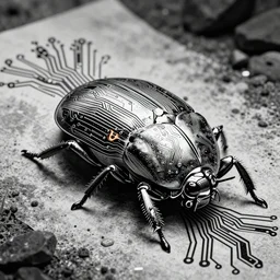 hyperdetailed cyberpunk circuit beetle, concept design, black and white tattoo design, stencil, vector, behance