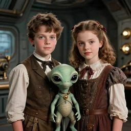 detailed, sharp, a boy and a girl standing with her cute pet humanoid alien creature, wearing 1890s era clothes, in their spaceship, extremely highly detailed, steampunk, in focus faces, 70 mm film still from a period sci fi color movie, 4k, HD, cinematic lighting