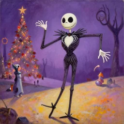 “ a nightmare before christmas, jack skellington dances with sally, dystopian desert christmas, award winning, in the style of paul bonner, oil on canvas. ”