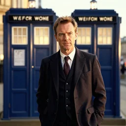 dslr photo portrait still of hugh laurie as doctor who in front of the tardis at golden hour, 8 k, 8 5 mm f 1. 4