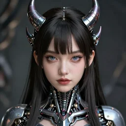 a cyborg demon girl, flawless symmetrical pretty cute face, greg rutkowski, 8 k, shallow depth of field, intricate detail, concept art,