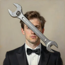 gentleman portrait but his head is a large wrench painting