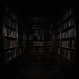 a gloomy shadowy midnight crypt room full of darkness with bookshelves. contrast:0, brightness:0. tags: chiaroscuro, darkframe, gothic
