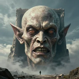 the large enormous giant head of a monster appearing from a portal in the sky. lovecraft. lovecraftian. eldritch monster. detailed. uhd. photo realistic. realistic. detailed.