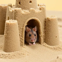 dslr photo still of a mouse inside the doorway of a sand castle, 8 k, 8 5 mm f 1. 4