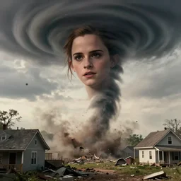 a swirling f 4 tornado, with the face of emma watson, face of emma watson, face of emma watson, face of emma watson, face of emma watson, face of emma watson, destroying houses, 1 2 0 mm, super high resolution