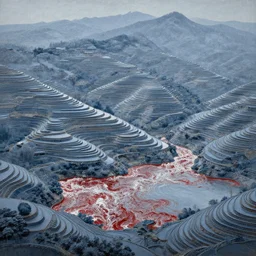 a gorgeous landscape painting by barlowe wayne maxfield parrish and marco mazzoni. terraced field in china. grey blue. ultra clear detailed. 3 d, octane render. turbulent blood lake. 8 k