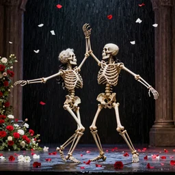 two dead skeletons dancing on stage while it rains flowers everywhere, red and white flowers, Baroque