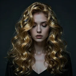 dramatic digital art of a woman with super wavy snake goldened marble hair. moody and melanchonic.