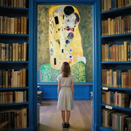 a girl in a blue and gold library, film still by edward hopper, by gottfried helnwein, by klimt, art noveau, highly detailed, strong lights, liminal, eerie, bright pastel colors,