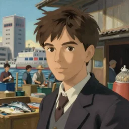 stunning head and shoulders portrait of young hercule poirot in yokohama fish auction, harsh realism, digital art by rob gonsalves, still from studio ghibli