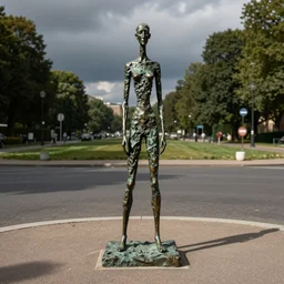 high resolution photograph of a bronze cast stick figure sculpture in a roundabout in the style of giacometti