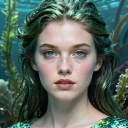 portrait of a mermaid, face of Caroline Munroe in kelp by MCBESS, colour print