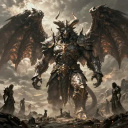 balrog concept art, glad in hellish armor, horned, winged, muscular body, wide shot, wide angle, beksinski, ruan jia, wayne barlowe, lord of the ring art