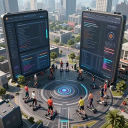 people in fitness suits training between massive!!! ui!!! elements!!! in an environment of user interface, aerial shot, unreal engine 5, fine details, artstation, masterpiece, 4 k, volumetric light, depth of field, intricate art, digital art