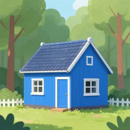 een blauw huis in een rood bos
