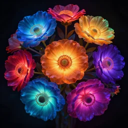 highly detailed realistic photo of glowing colorful flowers in dark background, vibrant colors, award winning masterpiece photography, hyper realistic, concept art, 8 k detail post - processing