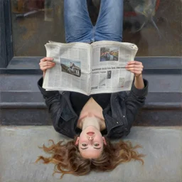 girl weighs upside down, reads the newyorker, street fashion, newspaper, oil painting