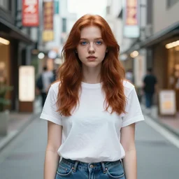 portrait photograph of an extremely beautiful!!!! japanese girl with red hair and blue eyes, distant look on her face, natural light, wearing a t - shirt and jeans!! brown hair. blue eyes. standing on a japanese neon lit street. looking at the camera!!. super resolution. extremely detailed. graflex camera!, bokeh!!!!! trending on art