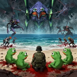 resolution 4k worlds of loss and depression made in abyss design Akihito Tsukushi design body pepe the frog war a bloody conflict visceral military sitting by an ocean of blood the group of pepes sitting at the shore dream like end of evangelion , fractals , pepe the frogs at war, art in the style of and Oleg Vdovenko and Akihito Tsukushi ,Stefan Koidl