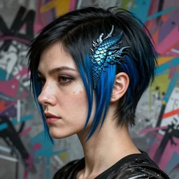 Portrait of rugged adult female, fantasy, pixie undercut hairstyle, black to blue fade hairstyle, dragon scales across hairline, intricate, highly detailed, digital painting, artstation, concept art, sharp focus, art by Akihiko Yoshida, Greg Rutkowski, 4k resolution, nier inspired, graffiti inspired, vibrant but dreary