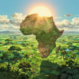 Africa landscape enviroment colorfull, green and sunny, Big Sun, trees, vegetation, water, light, sunrise, artstation, hd, Studio Ghibli style