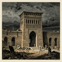 new york city being rebuilt as mesopotamian architecture. dark, textured, risograph, atmospheric, stormy weather, gustave dore, italy 1 8 1 6