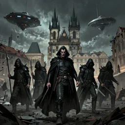 detailed ultra - realistic graphic novel illustration of patrolling vampire hunters, desolated praha district, space station, by famous digital artists, cinematic, full shot, horror