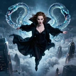 hyperrealistic portrait of amber heard as a vampire witch in a black coat flying surrounded by crystal sapphire snakes as a dark swan above the clouds among the tips of sci - fi skyscrapers. by jeremy mann and alphonse mucha, fantasy art, photo realistic, dynamic lighting, artstation, poster, volumetric lighting, very detailed faces, 4 k, award winning
