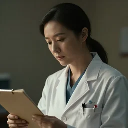 a cinematic headshot portrait of an doctor reading his notes, moody lighting, movie still, shallow depth of field, muted colors