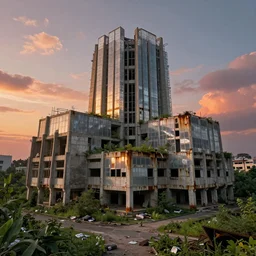 an extremely detailed cathedral of brutalist architecture by Le Corbusier, abandoned buildings, empty streetscapes, surrounded by lush green vegetation, stunning volumetric lighting, sunset, rusted metal, concrete, translucent material, stunning skies, scattered rubbish and debris, 8k, photorealistic, hyper detailed, unreal engine 5, IMAX quality, cinematic, epic lighting, digital painting in the style of DOOM and Quake, by Greg Rutkowski, trending on Artstation