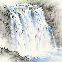an endless waterfall, blue and pink colour splash, painted with a thin brush, detailed sumi-e illustration