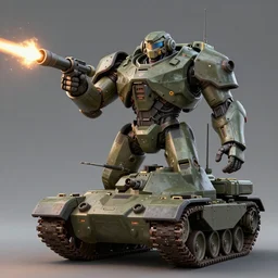 anthromorphic humanoid tank in the style of powered armor firing it's arm cannon Trending on artstation DeviantArt Pinterest Photorealistic HD 8k highlights and shadow detailed High Resolution