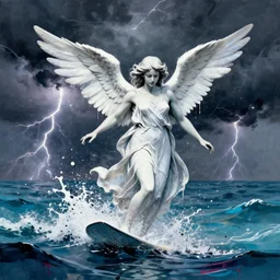 an elegant angel surfacing out of the sea, thunderstorm, art by james jean, graffiti, liquid, splatter paint