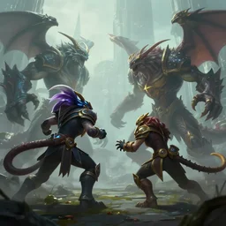 hyperrealism fantasy creatures fight scene from league of legends concept portrait, digital art, wallpaper of an fantasy fight, background of sci fi city in fog, diffused lighting, 8 k dop hdr