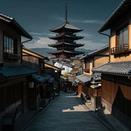 kyoto old town architecture, cyberpunk, high contrast, picture quality