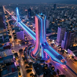aerial shot of futuristic saigon, neon tube, wide angle lens, flying car commute around, artstation concept art, octane render, high details ultra realistic