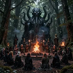 detailed ultrarealistic photography of dark ritual in the forest, cthulhu statue, dark altar, crowd of cultists, ritual bonfire, wickerman, shub niggurath, ian miller, greg rutkowski, cinematic, full shot, symmetric