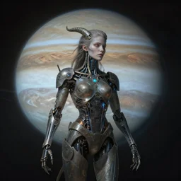 biblical daemonic cyborg girl with glowing veins, shoulder pads, on planet jupiter, underwater photography, by gerald brom, by mikhail vrubel, by peter elson, muted colors, extreme detail, trending on artstation, 8 k